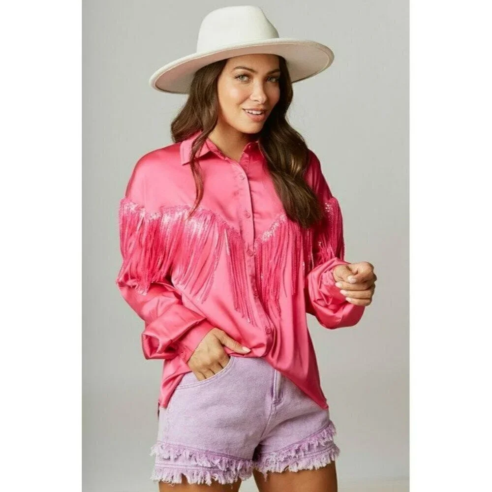 Flirty And Fringe Satin Shirt in Hot Pink - Picture 3 of 7